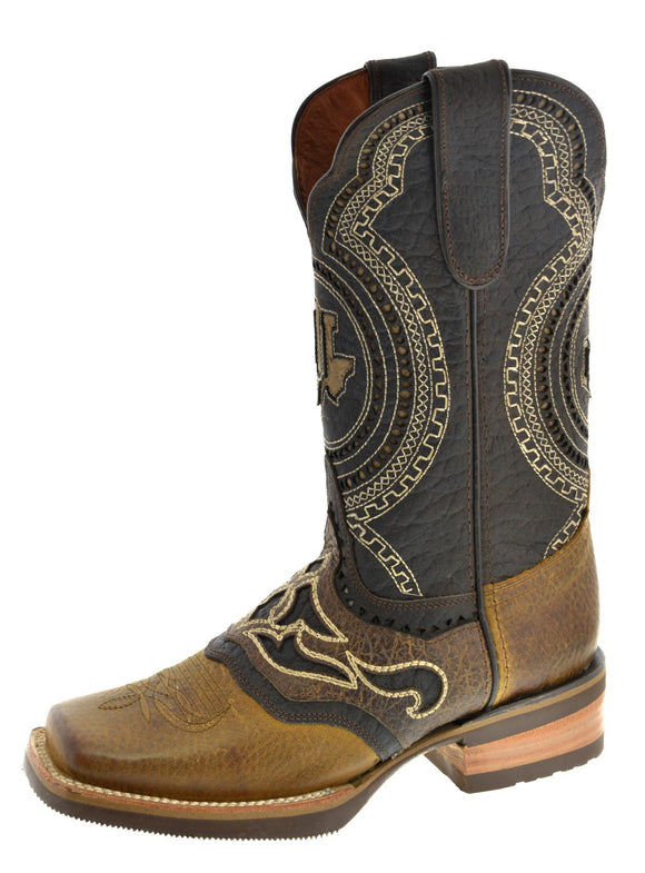 Mens Alabe Honey Brown Overlay Leather Cowboy Boots - Rodeo Toe