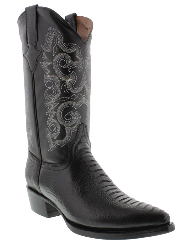 Mens Black Ostrich Leg Foot Print Leather Cowboy Boots J Toe