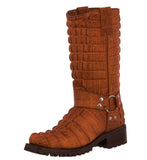 Mens Cognac Motorcycle Boots Crocodile Tail Print - Square Toe
