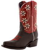 Kids Red & Dark Brown Western Cowboy Boots Floral Leather - Snip Toe