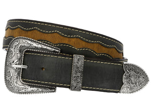 Black Western Cowboy Belt Overlay Leather - Silver Buckle