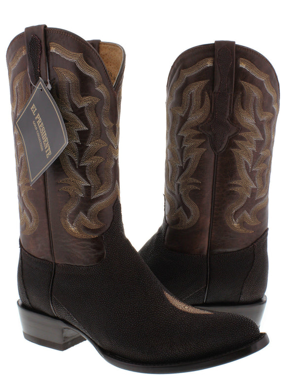 Men's Brown Genuine Stingray Single Stone Leather Cowboy Boots Round Toe
