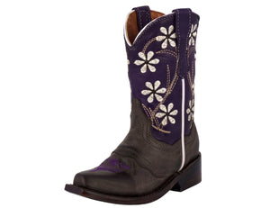 Girls Kids Purple & Brown Floral Embroidered Cowgirl Boots Snip Toe
