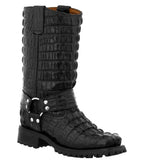 Mens Black Motorcycle Boots Crocodile Tail Print - Square Toe