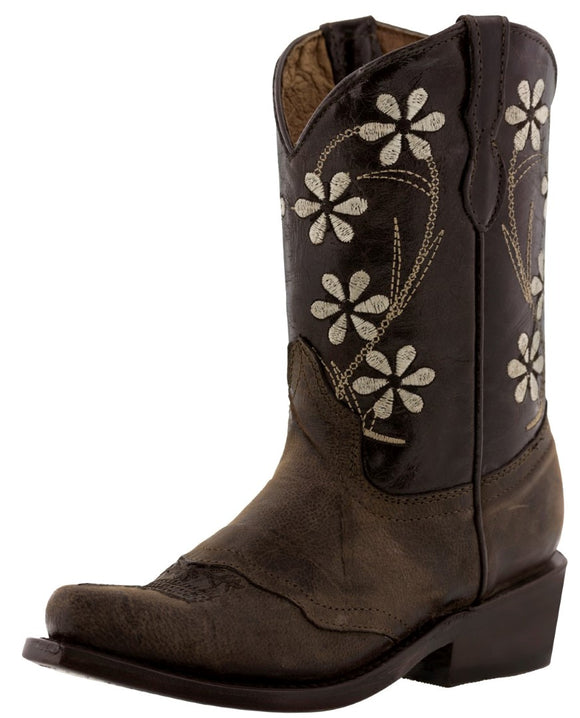 Girls Dark Brown Leather Floral Embroidered Cowgirl Boots - Snip Toe