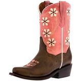 Kids FLR9 Pink Western Wear Cowboy Boots Floral Leather - Snip Toe