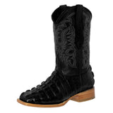 Mens Black Alligator Tail Print Leather Cowboy Boots Square Toe
