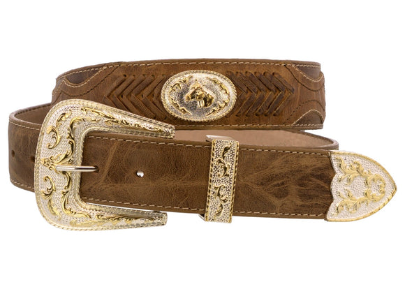 Brown Western Cowboy Leather Belt Horse Concho Cinto - Silver Buckle