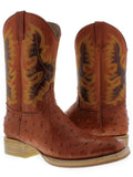 Men's Cognac Ostrich Western Cowboy Leather Boots Square Toe Tan Sole