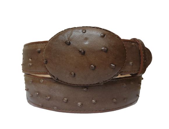 Brown Western Cowboy Belt Ostrich Quill Print Leather - Rodeo Buckle