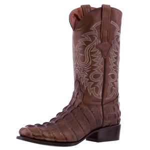 Mens Brown Alligator Tail Print Leather Cowboy Boots Round Toe