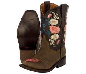 Kids Jazmin Brown Western Cowboy Boots Floral Leather - Snip Toe