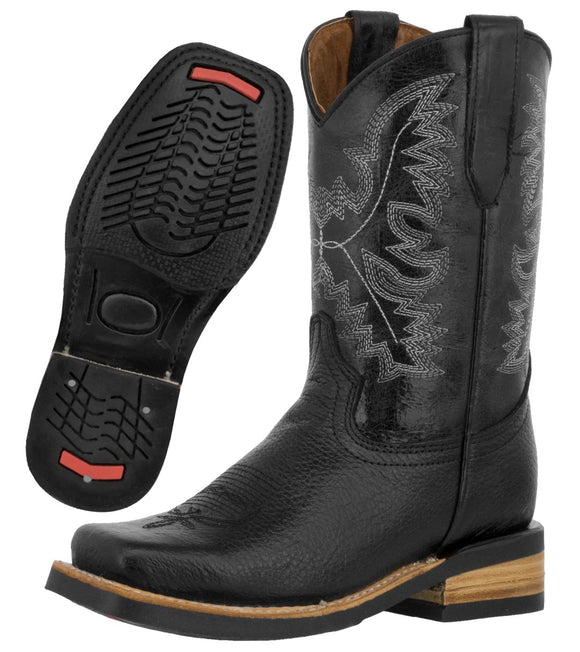 Kids Unisex Grain Leather Western Wear Rodeo Boots Black Square Toe Botas