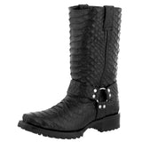 Mens Black Motorcycle Leather Boots Snake Print Square Toe