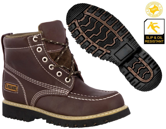 Mens Burgundy Work Boots Leather Slip Resistant Lace Up Soft Toe - #650TR