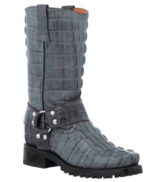 Mens Gray Motorcycle Boots Crocodile Tail Print - Square Toe