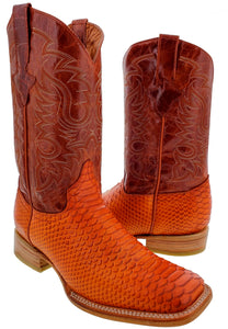 Mens Cognac Snake Python Print Leather Cowboy Boots Square Toe