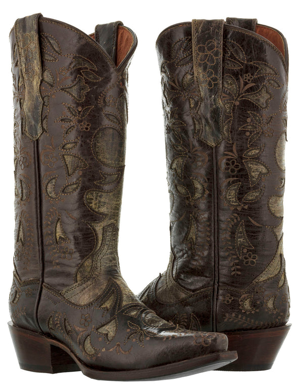 Womens 830 Brown Overlay Leather Cowboy Boots Snip Toe