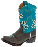 Girls Kids Baby Blue & Dark Brown Floral Embroidered Cowgirl Boots Snip Toe