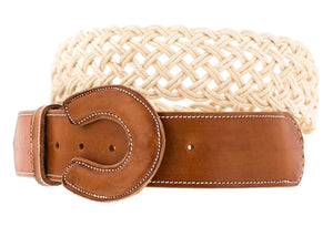 Honey Brown Western Cowboy Leather Belt Braided Rope - Rodeo Buckle
