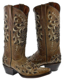 Womens Kiara Light Brown Leather Cowboy Boots Floral - Snip Toe