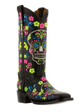 Women Catrina Black Sugar Skull Embroidered Leather Cowboy Boot - Square Toe