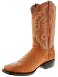 Mens Cognac Ostrich Quill Print Leather Cowboy Boots Square - #210