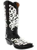 Womens Black Overlay Western Cowgirl Leather Boots Two Tone Snip Toe