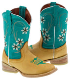 Kids Baby Blue & Buttercup Western Cowboy Boots Floral Leather - Square Toe