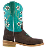 Kids FLR8 Teal Western Cowboy Boots Floral Leather - Square Toe