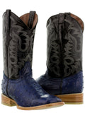 Mens Blue Ostrich Quill Print Leather Cowboy Boots Square Toe