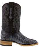 Mens Black Gray Snake Print Leather Cowboy Boots - Square Toe