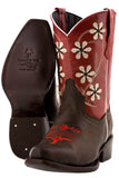 Kids Red & Dark Brown Western Cowboy Boots Floral Leather - Snip Toe