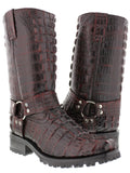 Mens Black Cherry Motorcycle Boots Crocodile Tail Print - Square Toe
