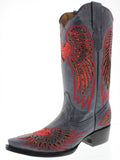 Womens Denim Blue Cowboy Boots Red Heart & Wings Sequins - Snip Toe