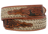 Cognac Western Cowboy Belt Tooled Braided Leather - Rodeo Buckle