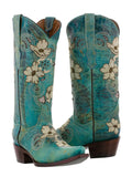 Womens Noruega Turquoise Leather Cowboy Boots Floral - Snip Toe