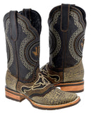 Mens Rustic Sand Lizard Print Leather Cowboy Boots - Rodeo Toe