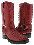 Mens Red Motorcycle Boots Crocodile Tail Print - Square Toe