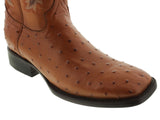Men's Cognac Ostrich Quill Pattern Cowboy Boots Dark Sole - Square Toe