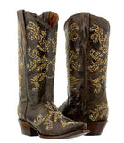 Womens Malaga Brown & Beige Leather Cowboy Boots Embroidered - Snip Toe