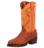 Mens Cognac Motorcycle Boots Crocodile Tail Print - Round Toe