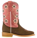 Kids Western Boots Floral Embroidery Leather Pink Cowgirl Square Toe Botas