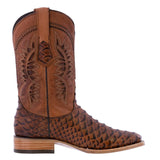 Mens Cognac Western Wear Leather Cowboy Boots Snake Print Square Toe