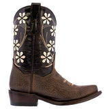 Kids FLR9 Dark Brown Western Cowboy Boots Floral Leather - Snip Toe
