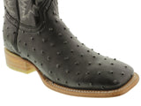Men's Black Ostrich Quill Western Cowboy Leather Boots Square Toe Tan Sole