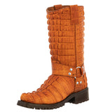 Mens Cognac Motorcycle Boots Crocodile Tail Print - Square Toe