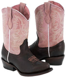 Girls Pink & Dark Brown Stitched Leather Cowgirl Boots - Snip Toe