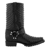 Mens Black Motorcycle Leather Boots Snake Print Square Toe