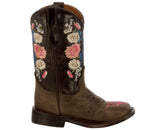 Kids Jazmin Brown Western Cowboy Boots Floral Leather - Square Toe